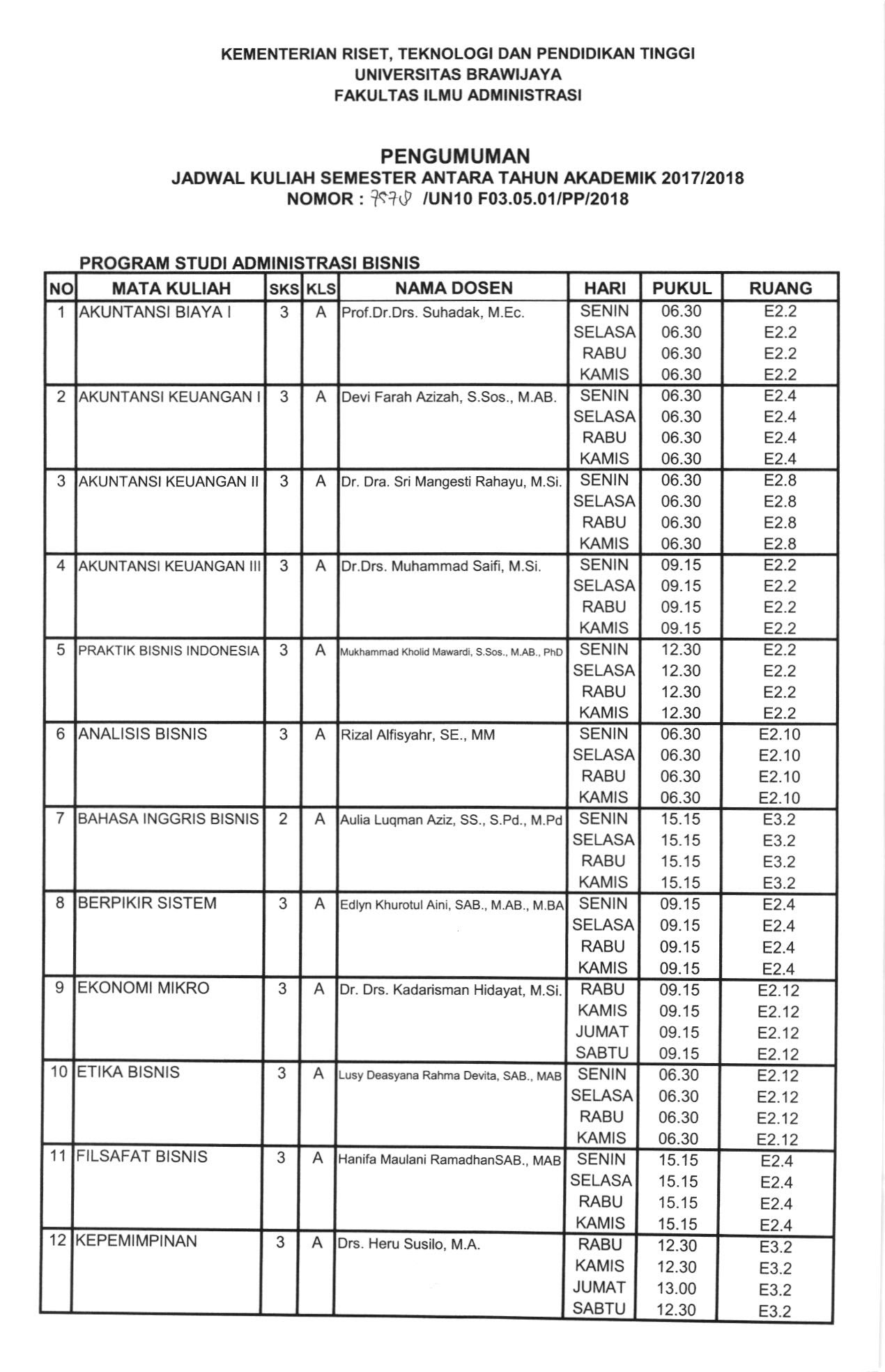 Jadwal Kuliah Semester Antara SA T A 2017 2018 Program Sarjana