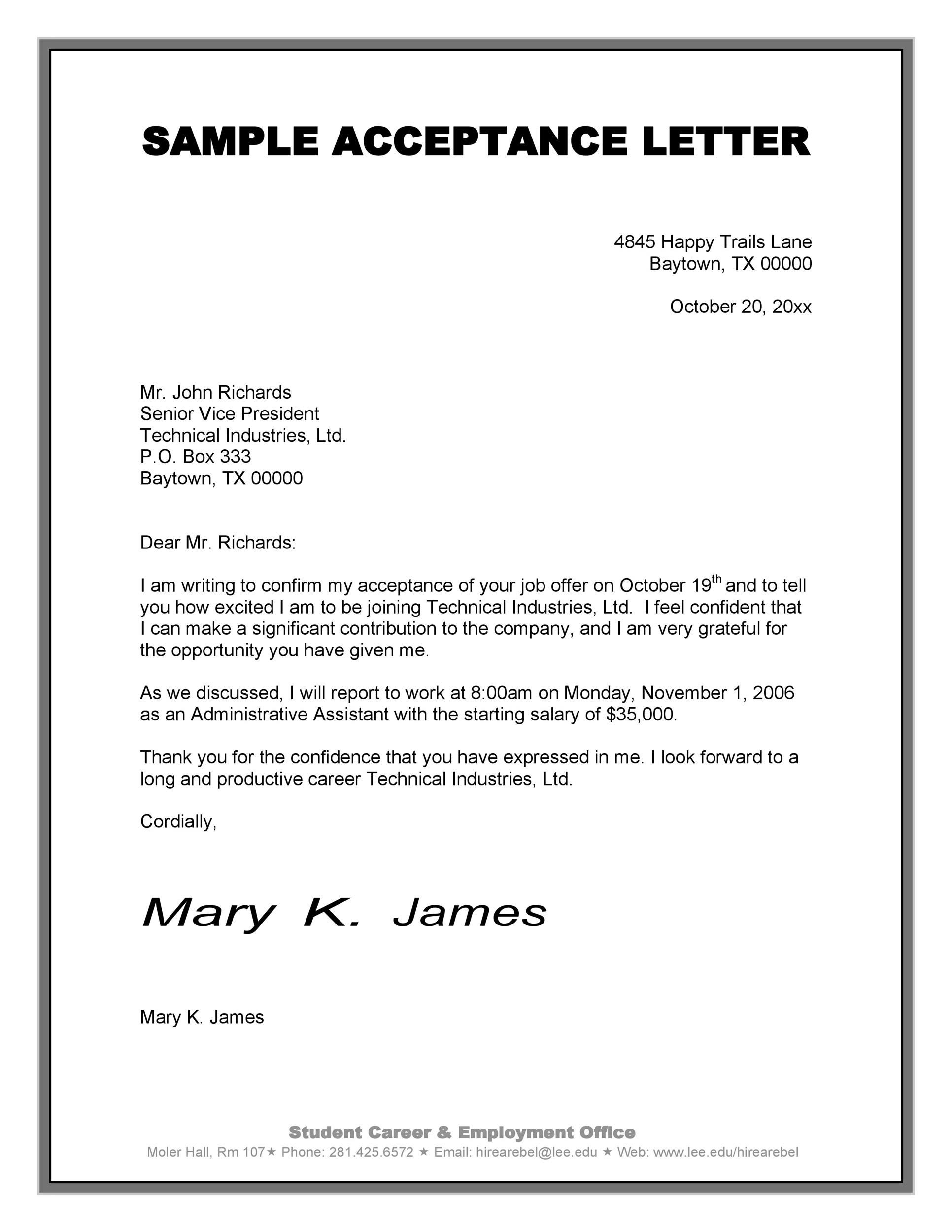 Acceptance Letter - Letter Regarding Acceptance Card Template