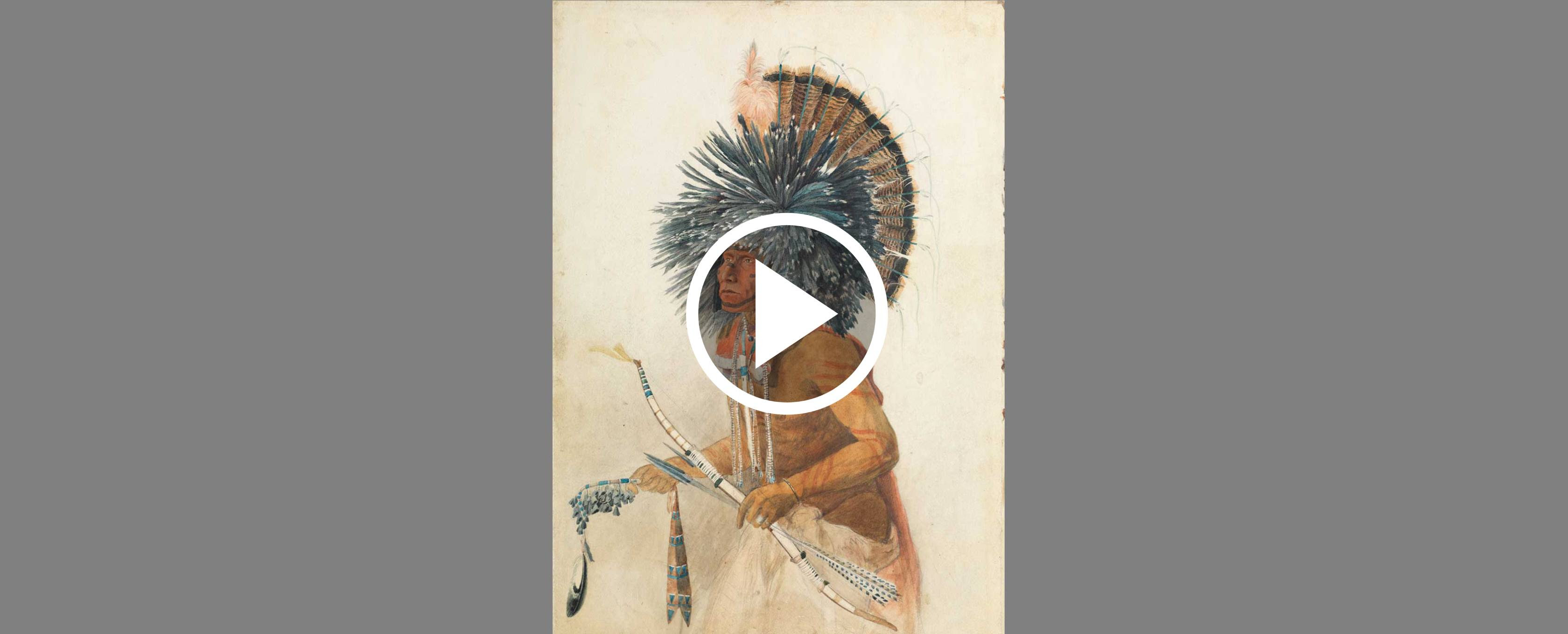 Indígena usando cocar tradicional, arco e flecha, aquarela e grafite sobre papel.