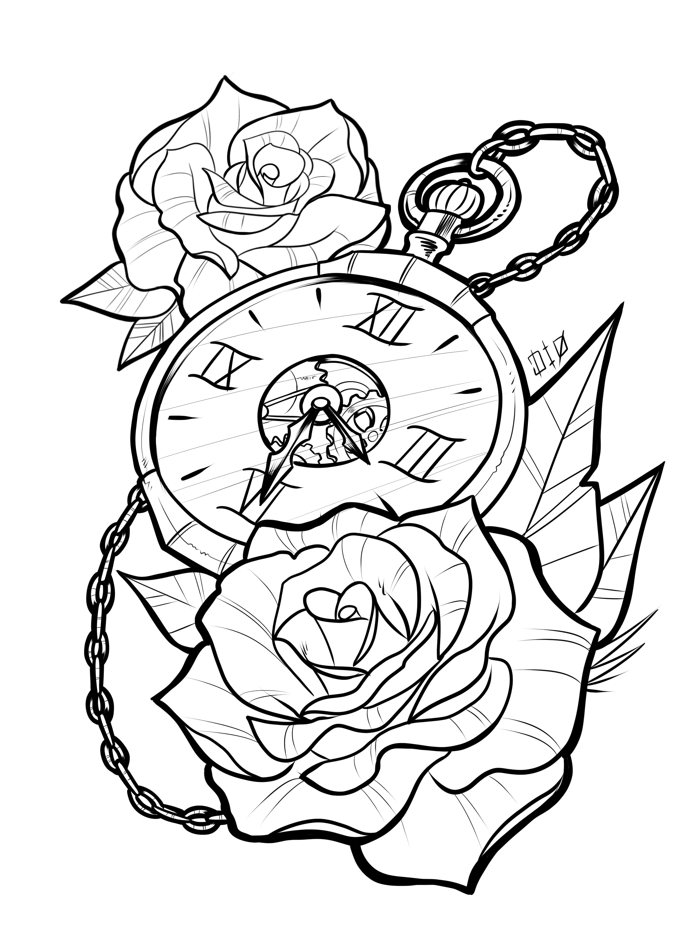 30+ Trends Ideas Line Drawing Pocket Watch And Rose Tattoo ...