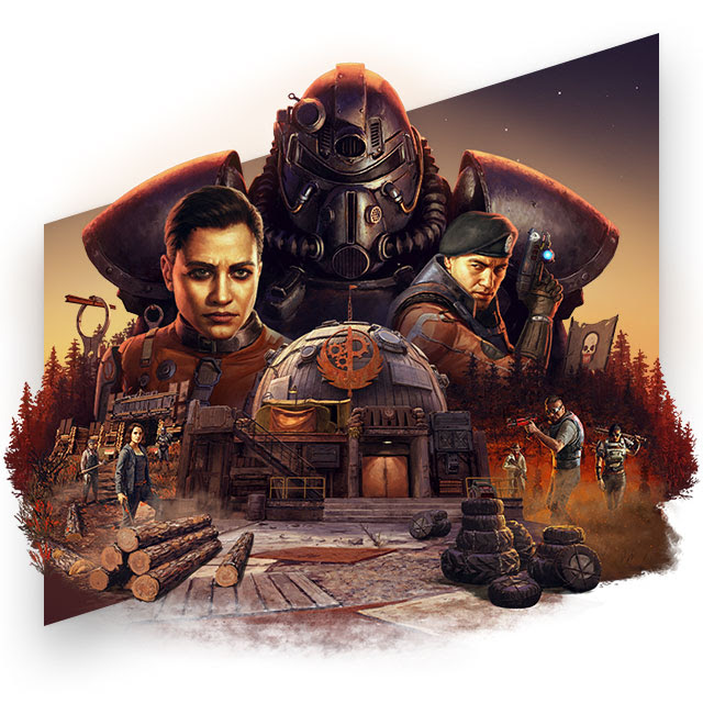 Key art for Fallout 76: Steel Dawn featuring a selection of important characters, items, and locations.