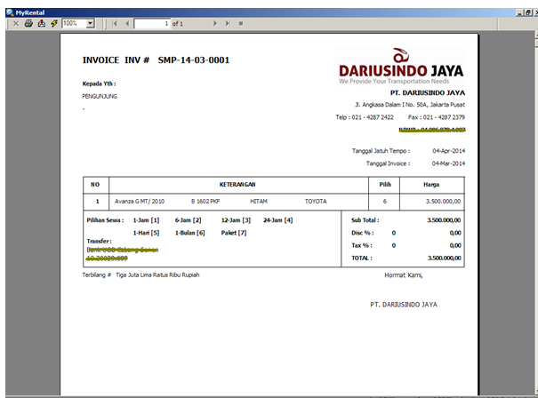 Contoh Invoice Sewa Mobil - Temblor En