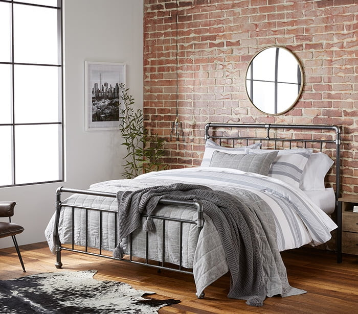 Industrial comfort. Create a timeworn look in the bedroom from a blend of rustic & raw materials. And what better way to experience the house-in-an-old factory vibe than in the place you sleep? Shop the collection.