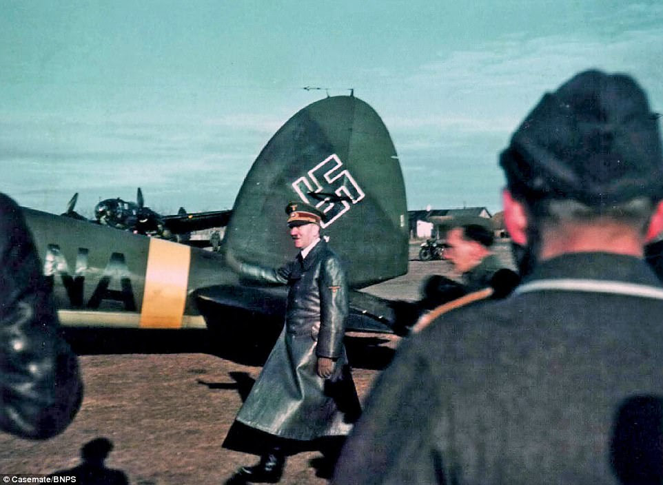 Adolf Hitler visits an airfield somewhere on the Eastern Front early in 1942. The Nazi leader wanted to boost morale after Operation Barbarossa, the Biltzkreig against the Soviets, was pushed back following the Battle for Stalingrad in 1941