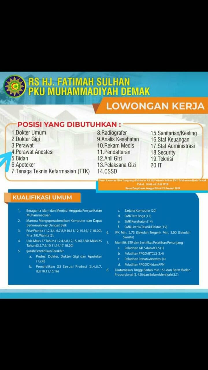 Harapan anda merupakan perusahaan yang bergerak di bidang rumah sakit umum islam yang berada di kota tegal, saat ini sedang membuka lowongan pekerjaan untuk posisi sebagai : Informasi Lowongan Pekerjaan Di Rs Hj Fatimah Sulhan Pku Muhammadiyah Demak Jawa Tengah Gizi Unimus