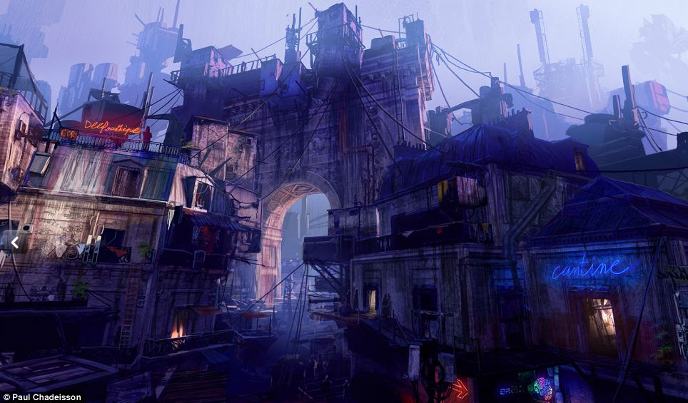 Not so triumphant: The images were dreamed up by French concept designer Paul Chadeisson who works in the French capital for a videogame company called Dontnod Entertainment. Here, the Arc de Triomphe has been turned into some sort of look-out with wires snaking over it