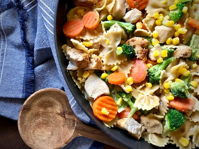 Boil water and cook pasta. One Pot Creamy Garlic Chicken And Veggie Pasta The Skinnyish Dish