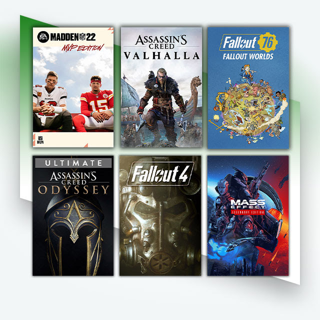 Tiled cover art for the games Madden 22, Assassin's Creed Valhalla, Fallout 76 New Worlds, Assassin's Creed Odyssey Ultimate Edition, Fallout 4, and Mass Effect Legendary Edition.