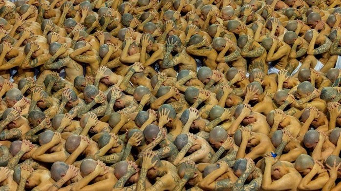 Thousands of tattooed inmates pictured in El Salvador mega-prison.