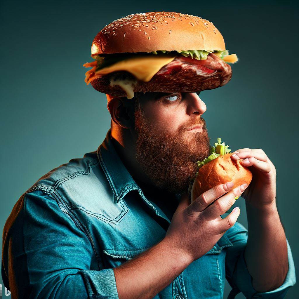 Weird art showing man with large hamburger on top of head.