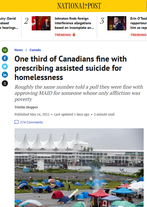 Clipping of National Post story saying one third of Camadians are fine with homeless suicides by government.