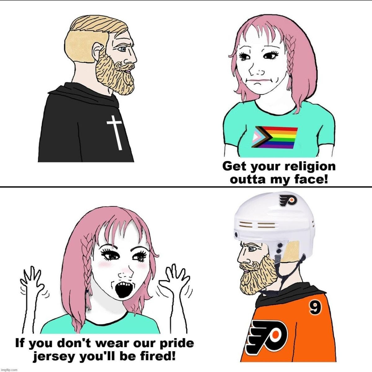 Meme indicating the hypocrisy of some individuals who hate religion but make "pride" a religion.