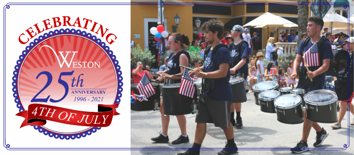 Photo of band marching in a prior July 4 parade with logo from the 2021 parade