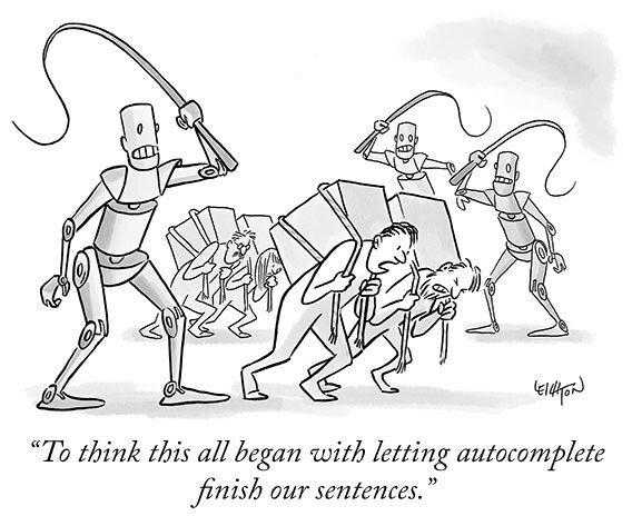 Cartoon showing robots whipping humans. The situation is blamed on auto-crrrect.