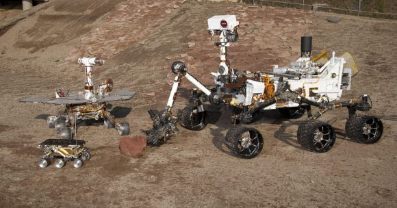 Three Generations of Mars Rovers in the 'Mars Yard' at the Jet Propulsion Laboratory. The Mars Pathfinder Project (front) landed the first Mars rover - Sojourner - in 1997. The Mars Exploration Rover Project (left) landed Spirit and Opportunity on Mars in 2004. The Mars Science Laboratory Curiosity rover landed on Mars in August 2012. Credit: NASA/JPL-Caltech.