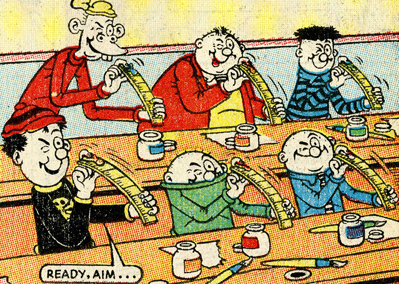 A detail from a comic strip by Beano. the Bash Street Kids are sat in a class room. In their hands they have rulers, and they're using them as catapults to flick paper.