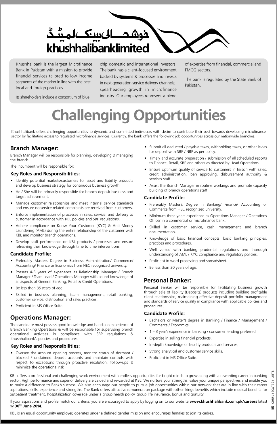 Operations managers serve as liaisons between these departments. Khushhali Bank Jobs 2014 June Latest For Branch Operation Managers Personal Bankers In Pakistan The News On 15 Jun 2014 Jobs In Pakistan