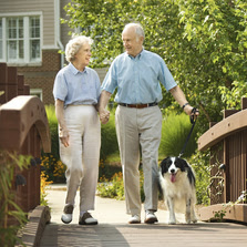 older couple walking dog