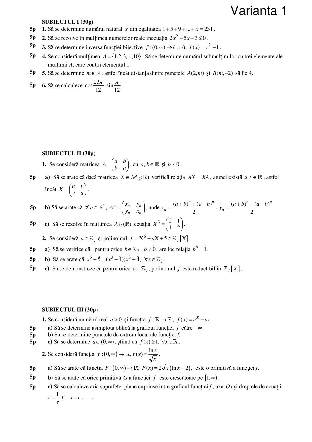 Modele de subiecte la română, matematică sau istorie. 100 De Subiecte De Matematica Pentru Examenul De Bacalaureat Profil M1 Varianta 1