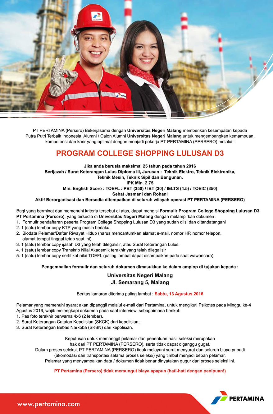 Pertamina training & consulting (ptc) adalah anak perusahaan pt. Recruitment Pt Pertamina Persero Tahun 2016 Kemahasiswaan Universitas Negeri Malang