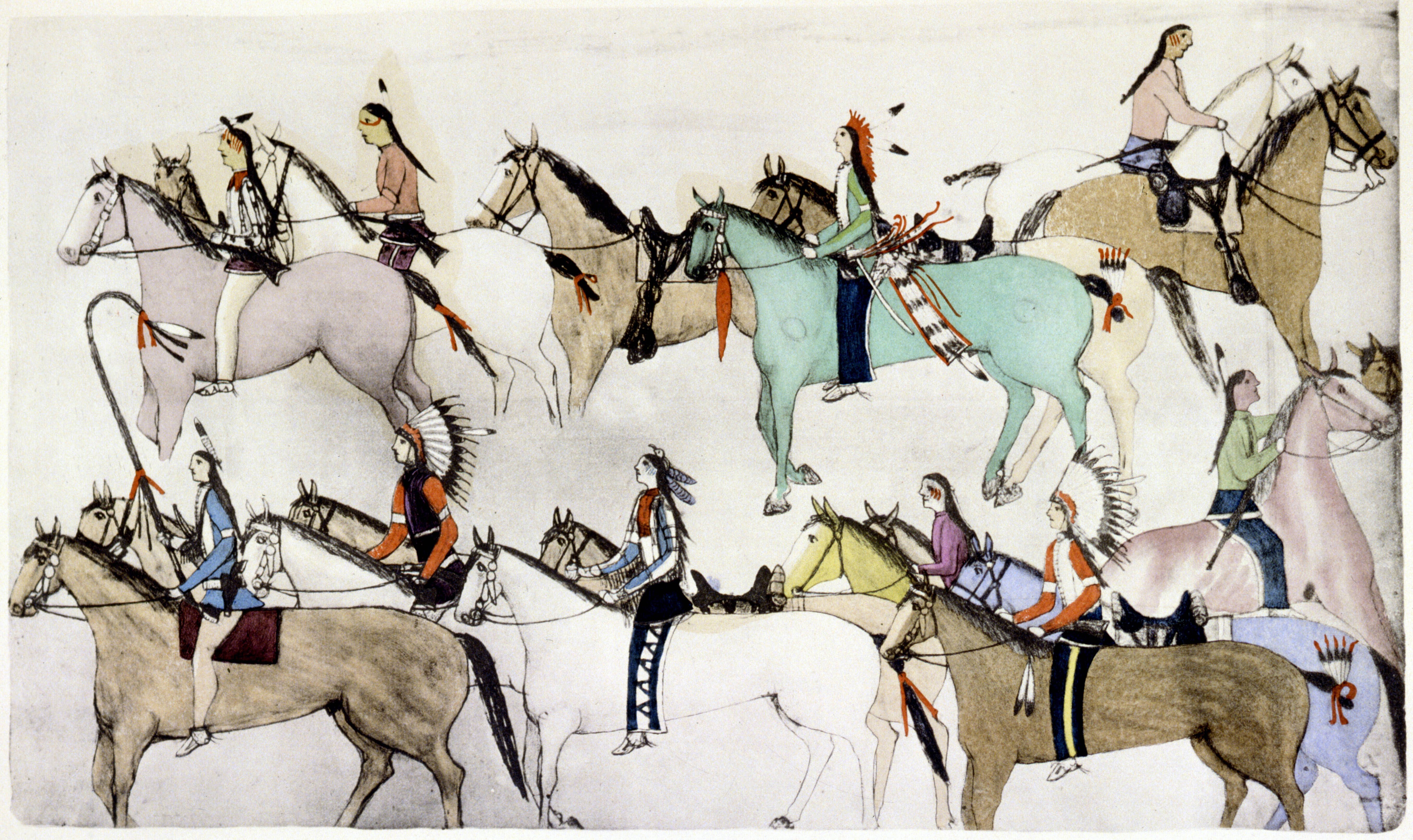 'End of the Battle', a ledger art pictogram depicting Sioux warriors leading away captured horses after defeating Custer's troops at 'Custer's Last Stand', otherwise known as the Battle of Little Big Horn, 25-26 June 1876. Artwork circa 1900 by Oglala Lakota artist Amos Bad Heart Bull. (Photo by Art Media/Print Collector/Getty Images)