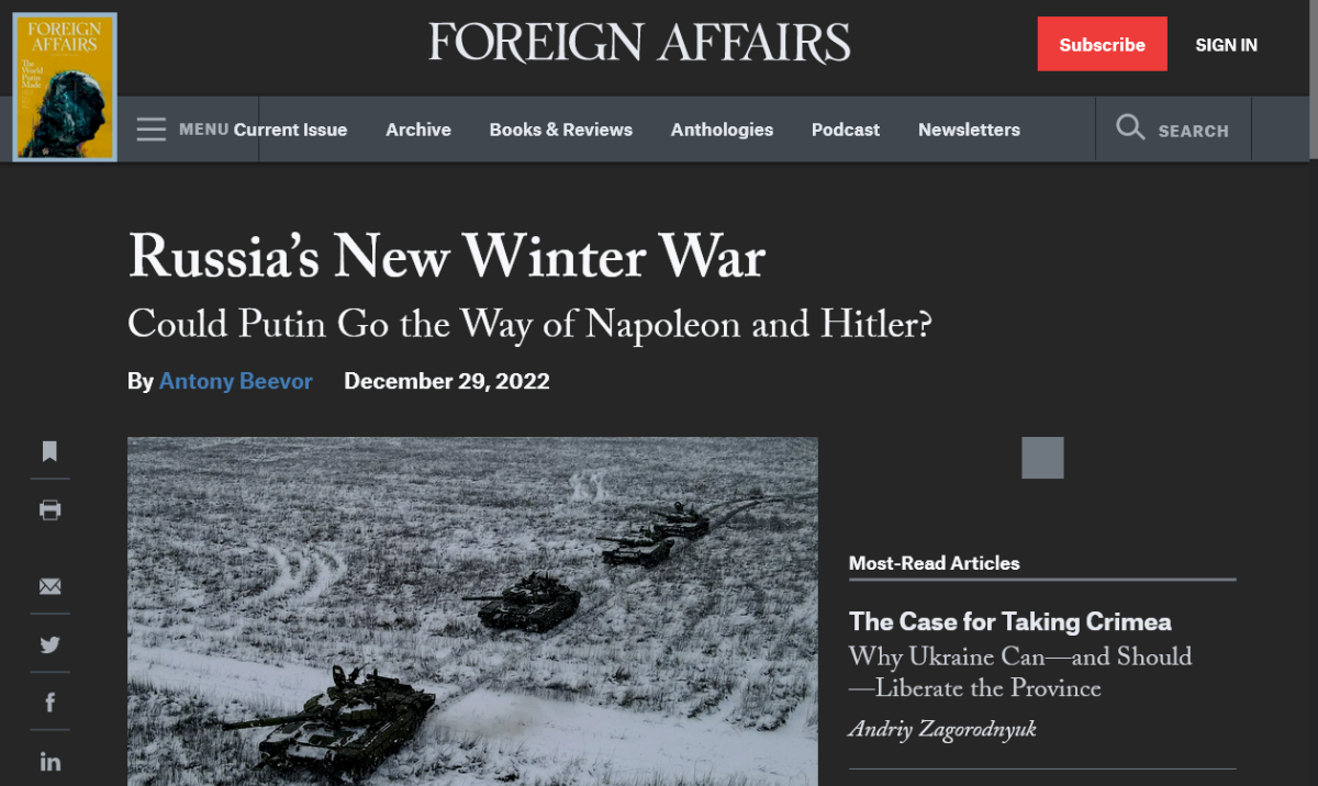 Dumb Foreign Affairs headline suggesting Putin is going to fail like Hitler and Napolean.