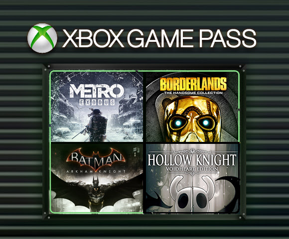 Four front covers of games that are available with Xbox Games Pass, including Metro: Exodus, Borderlands: The Handsome Collection, Batman: Arkham Knight and Hollow Knight.