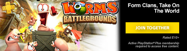 NOVEMBER FREE GAMES LINEUP | WORMS BATTLEGROUNDS | Form Clans, Take On The World | JOIN TOGETHER | Rated E10+ | Active PlayStation®Plus membership required to access free content.