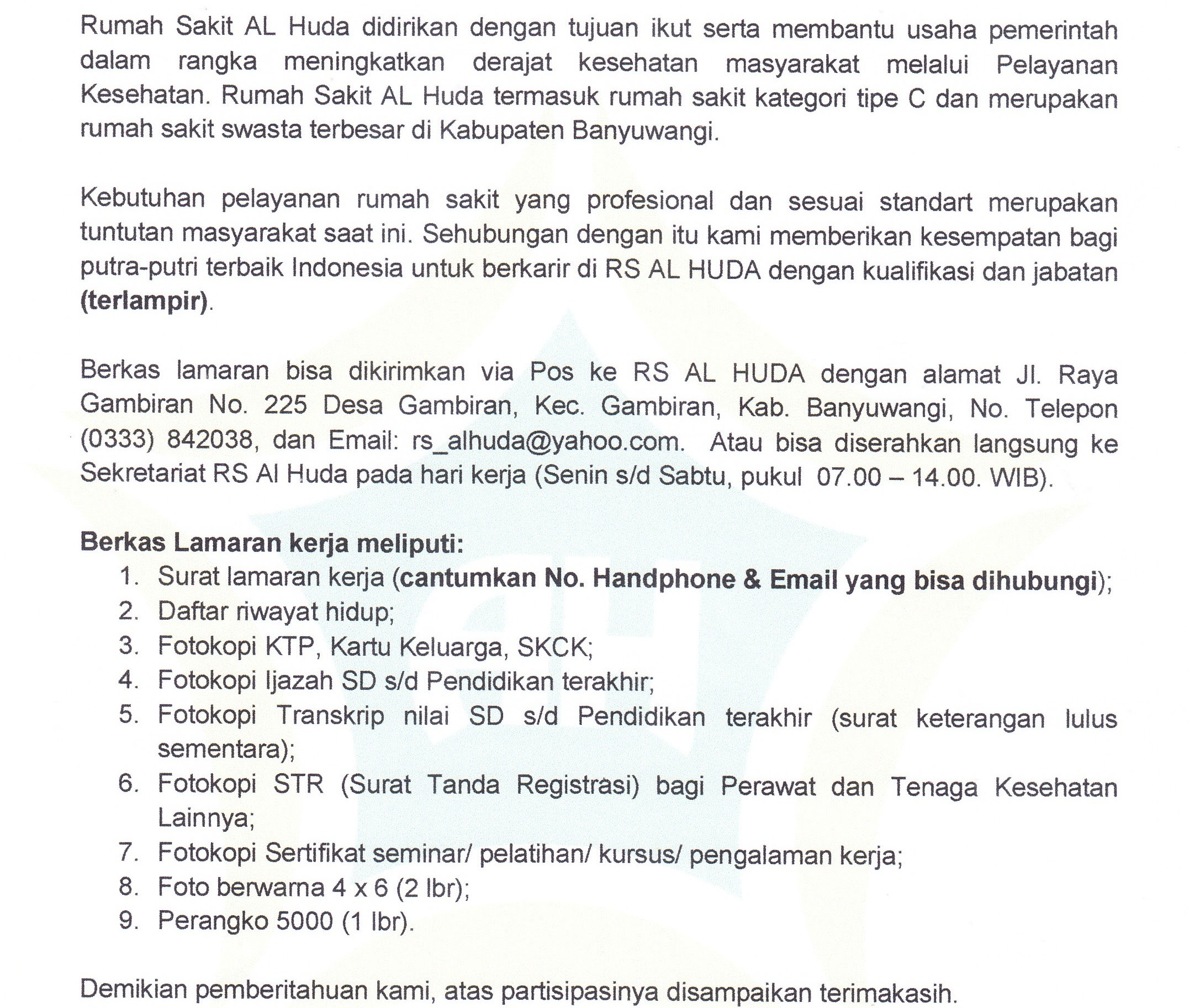 Seleksi sdm pelaksana program keluarga jawa timur. Lowongan Kerja Rs Al Huda