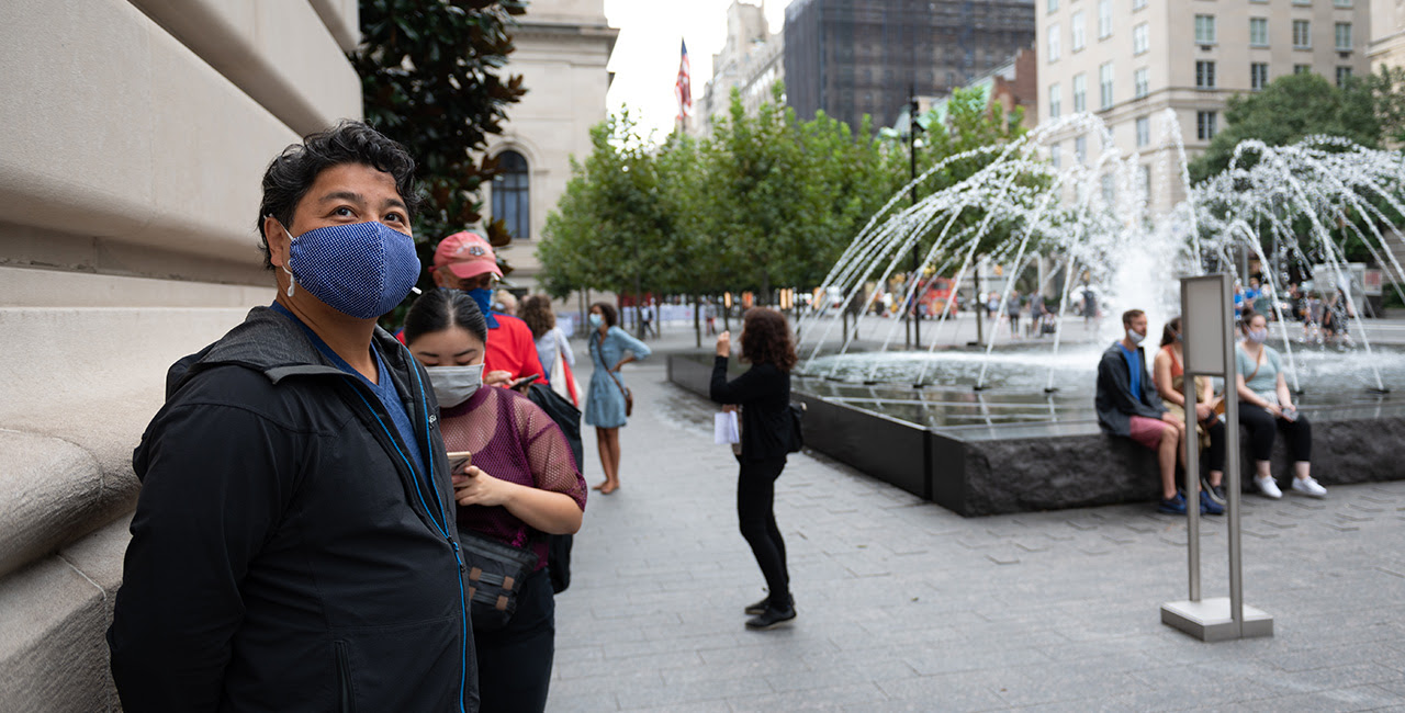 People wait in line on the David H. Koch Plaza to enter The Met Fifth Avenue