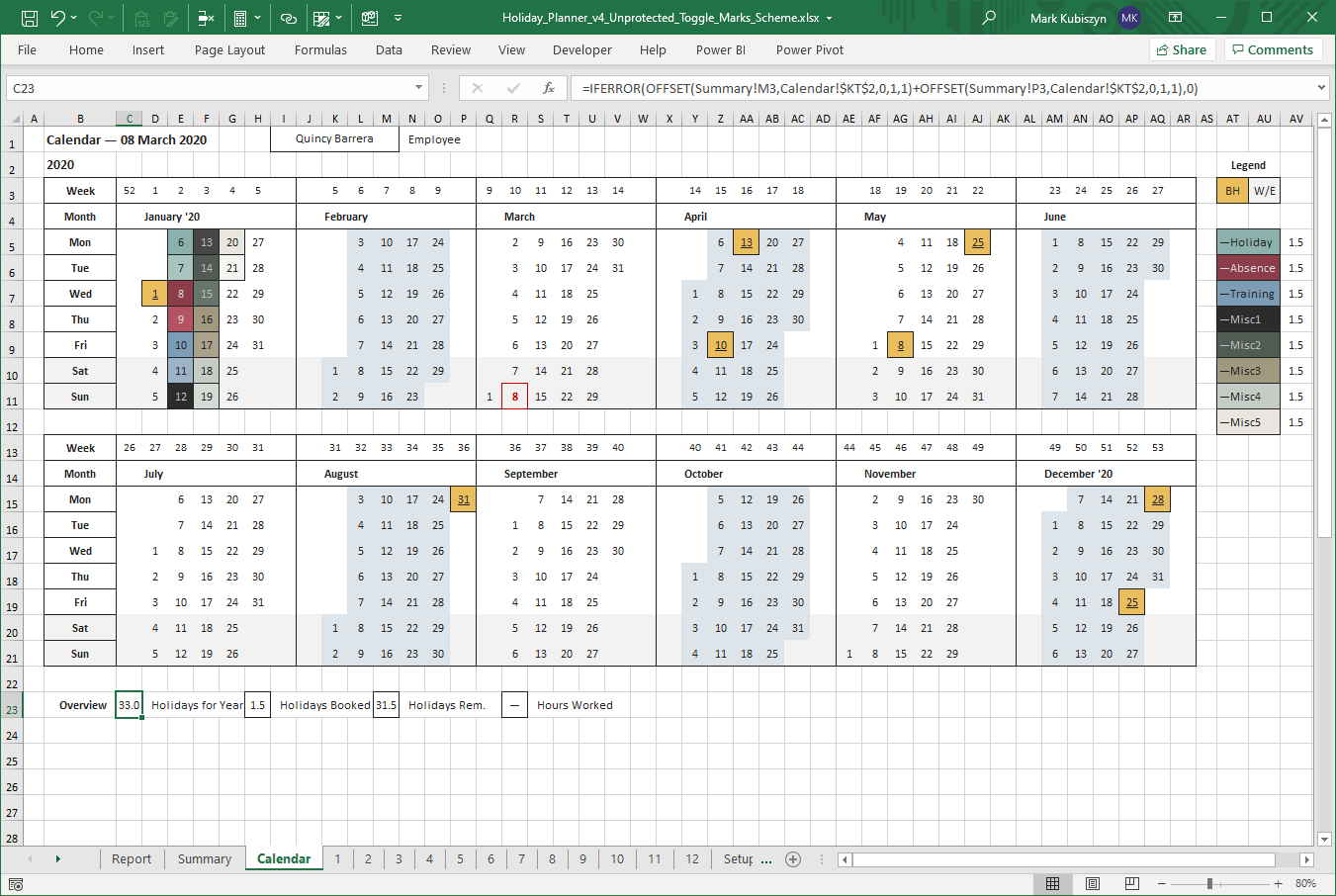Features of the staff holiday planner: Holiday Planner By Mark Kubiszyn