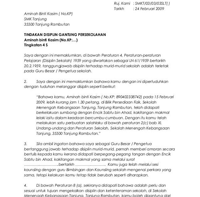 Contoh Surat Rasmi Rayuan Tindakan Tatatertib - Rasmi H