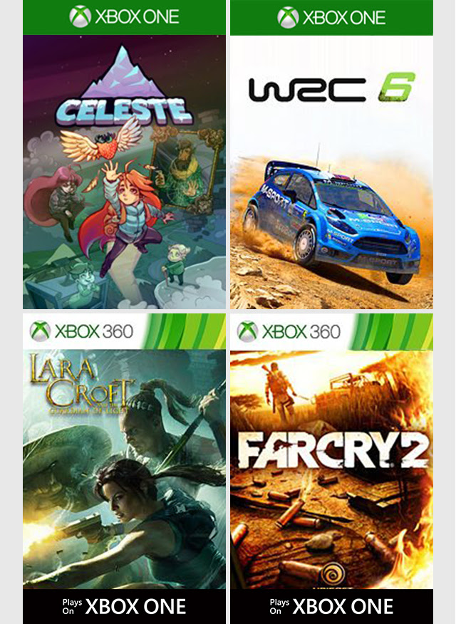 Celeste, World Rally Championship 6, Far Cry 2, Lara Croft: Guardian of the Light game boxes.