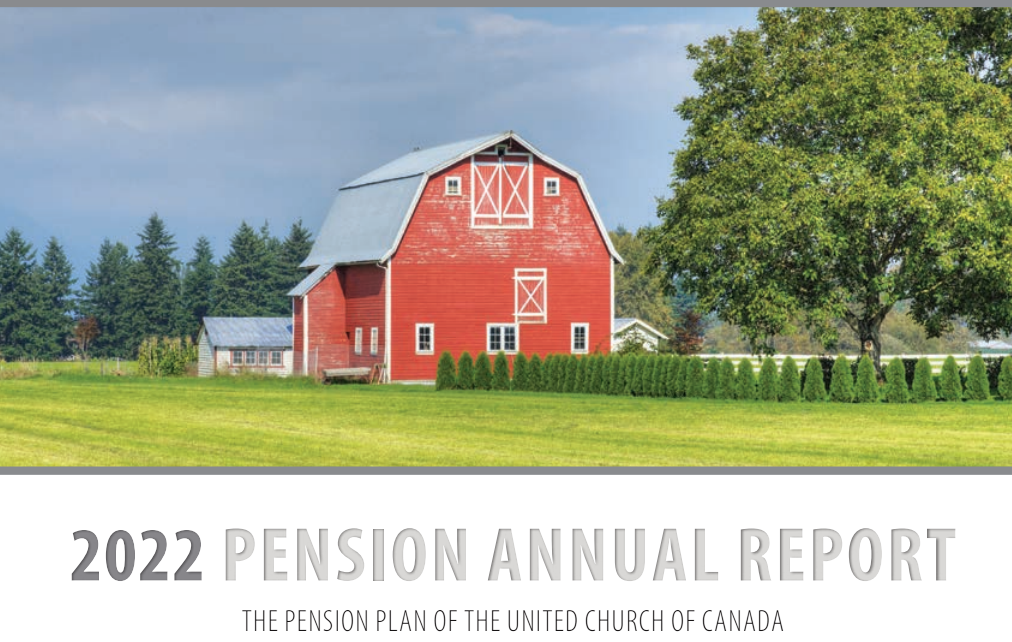 Farm with a red barn and 2022 Pension Annual Report cover