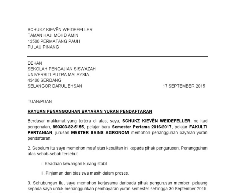 Surat Rasmi Penangguhan Yuran Pengajian - Surat Rasmi S