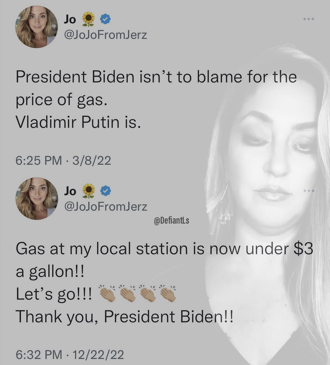 Hypocrite: Jo from Jerz. First she says Putin is responsible for high gas prices, then tweets that Biden is responsible for low gas prices.