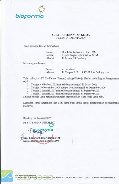 Contoh Surat Keterangan Kerja - Fontoh