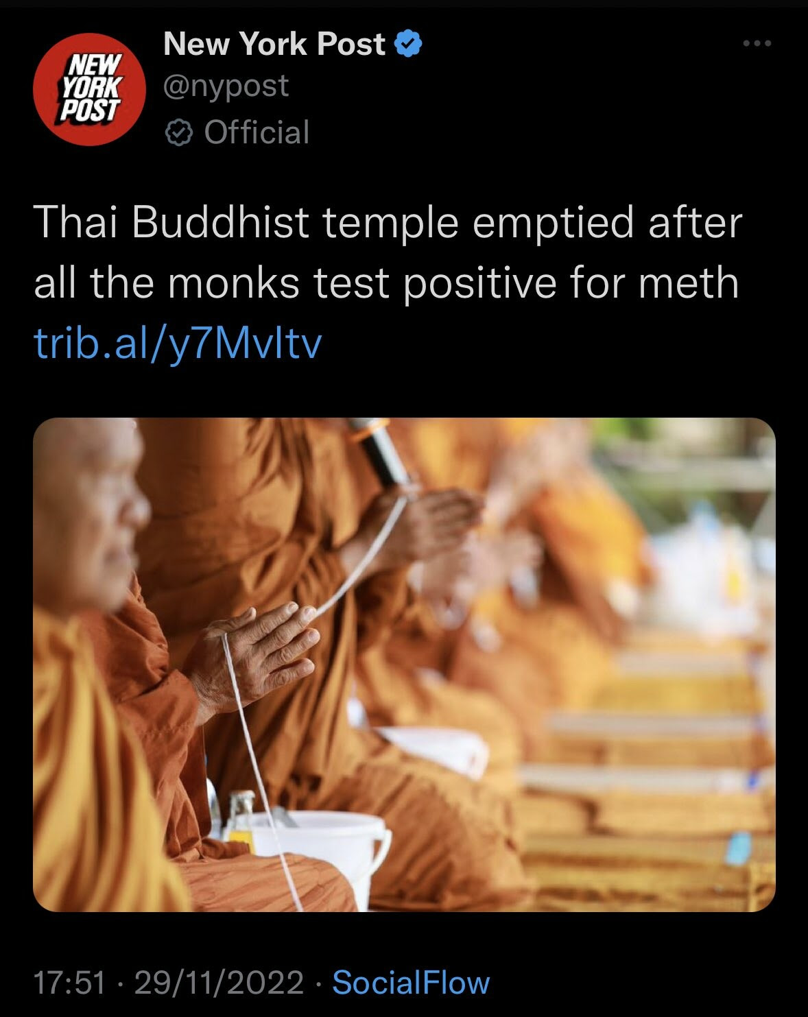 NY Post headline that says "Thai Buddist temple emptied after all the monks test positive for meth"