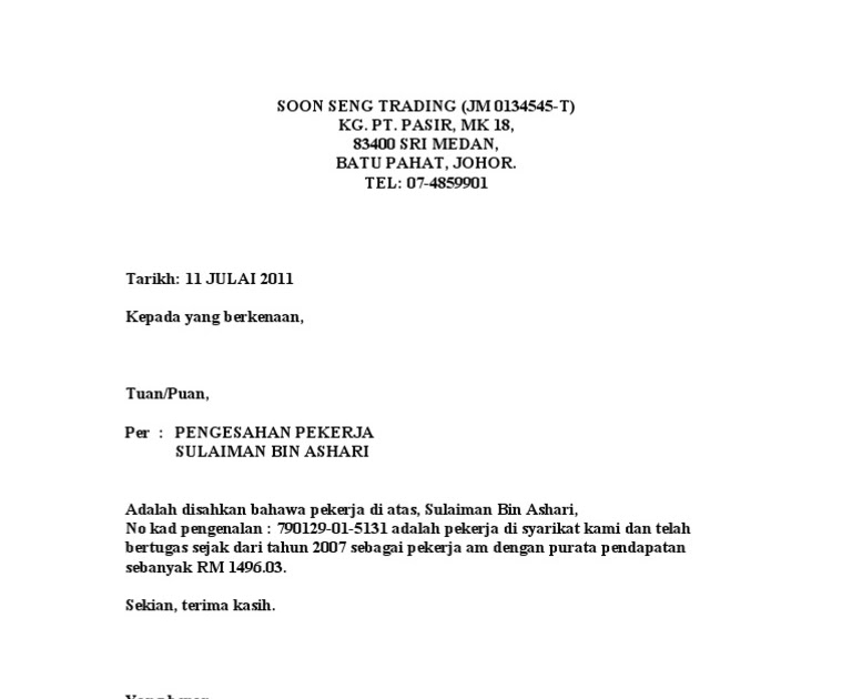 Contoh Surat Rasmi Pengesahan Pendapatan Bekerja Sendiri 