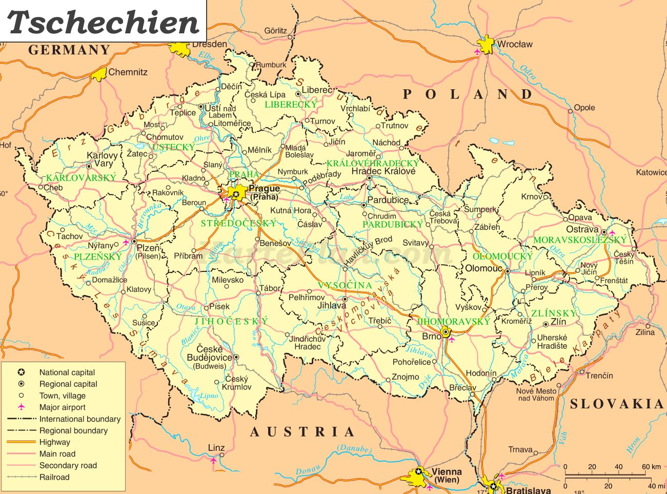 Die hauptstadt und die größte stadt ist prag mit 1,3 millionen. Tschechien Politische Karte