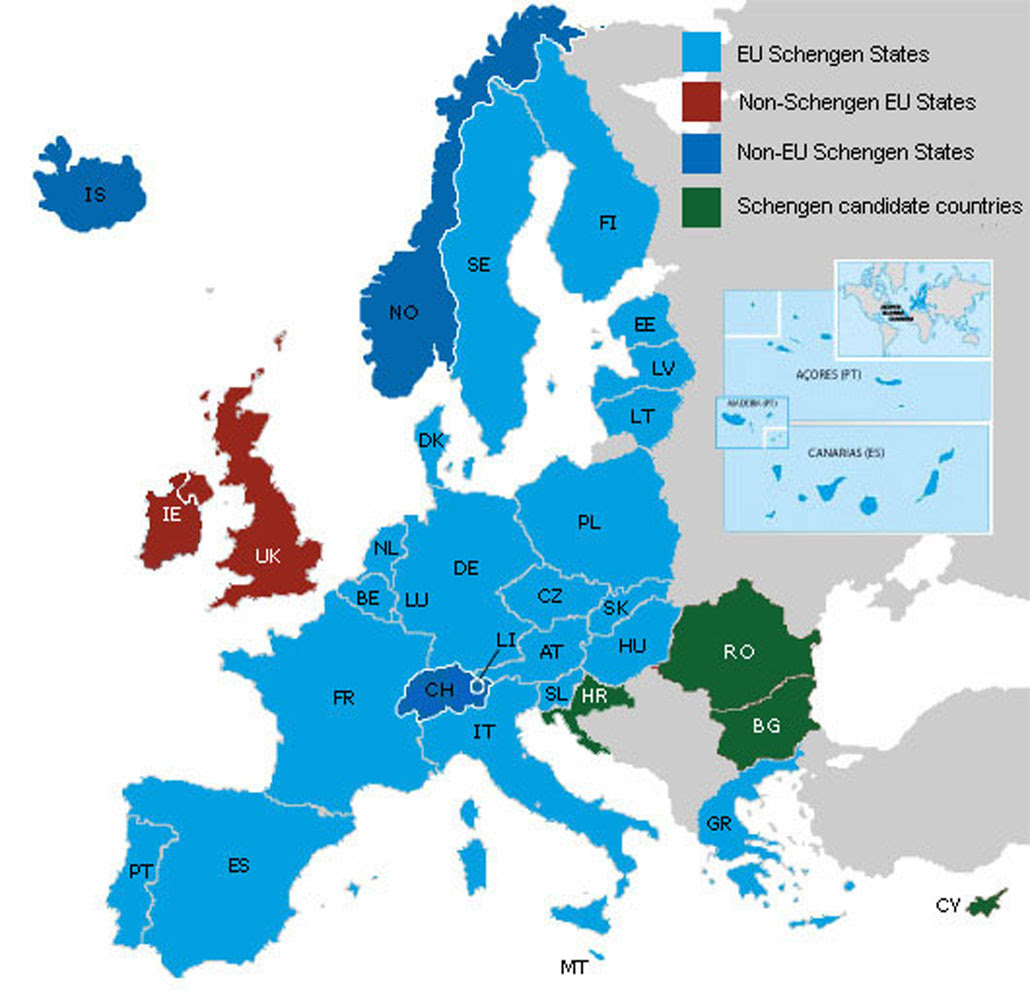 Map of Schengen Area 2013 (Click image to enlarge) Photo credit: ec.europa.eu