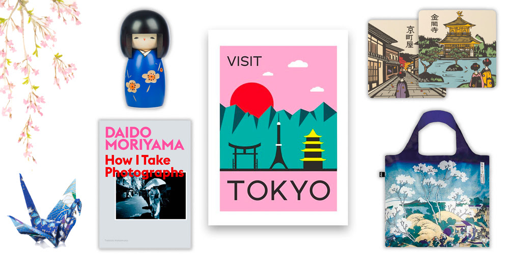 Group of shop products relating to the Tokyo exhibition, including a poster, bag, coasters and a book