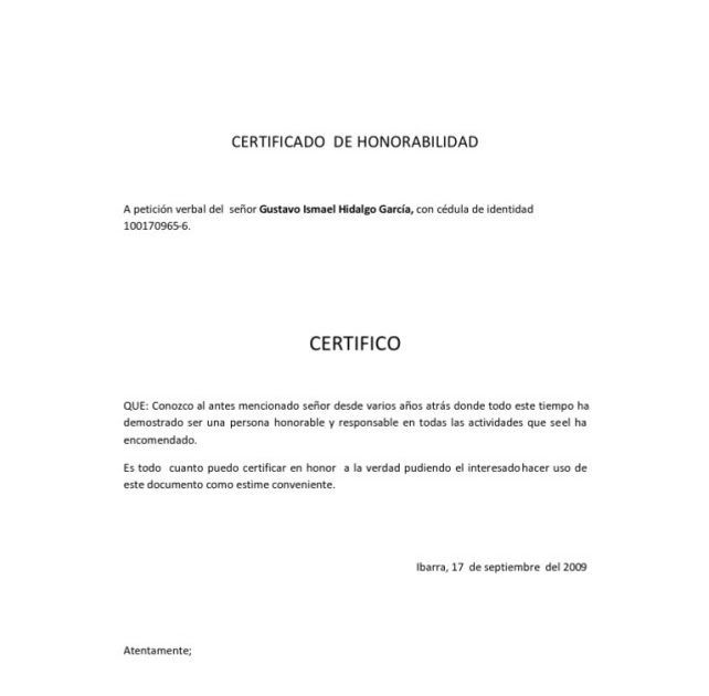Certificado De Honorabilidad Para Un Docente - New Sample g