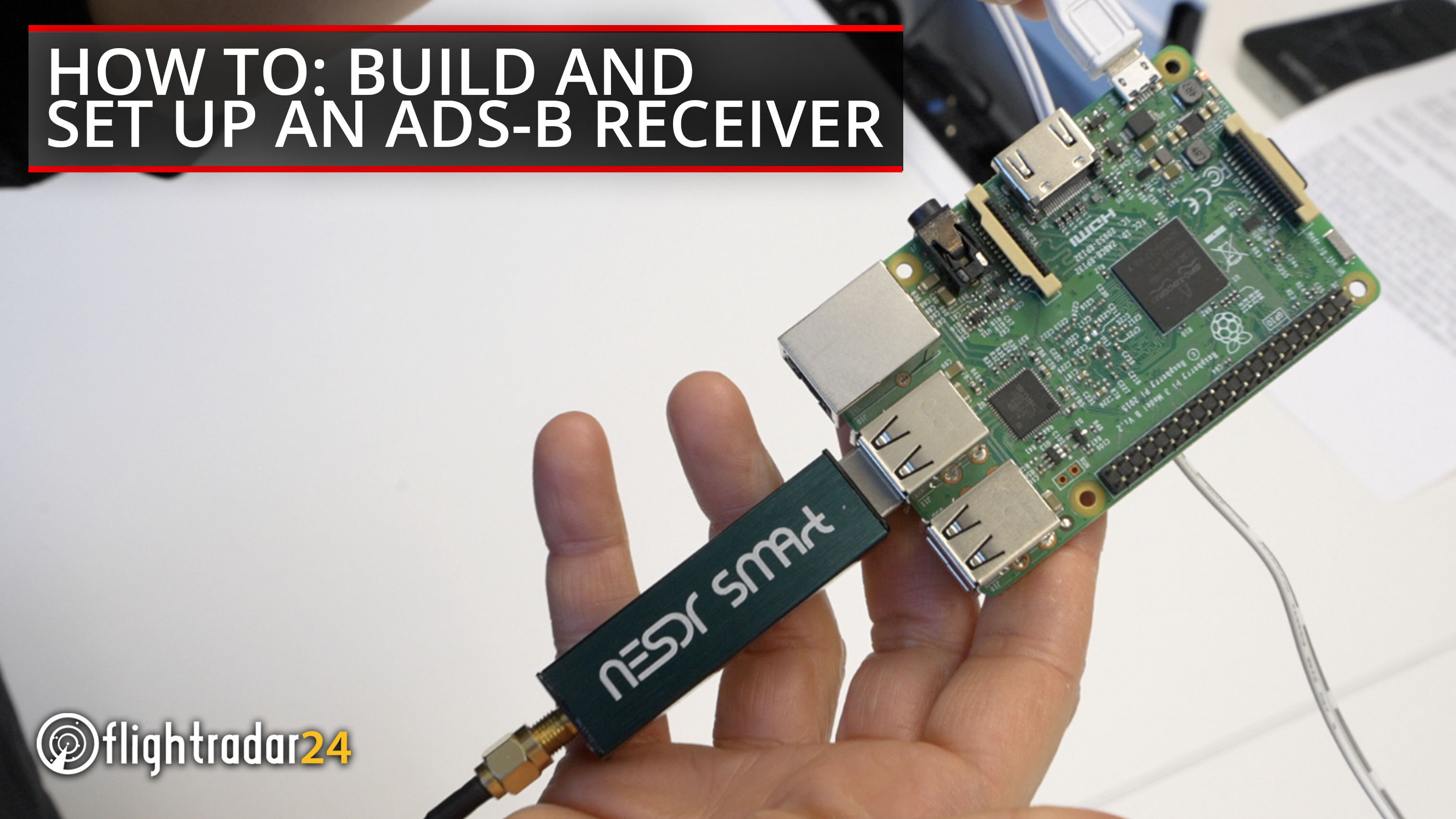 "How to: Build and Set Up an ADS-B Receiver" overlaid on a photo of a raspberry pi ADS-B receiver