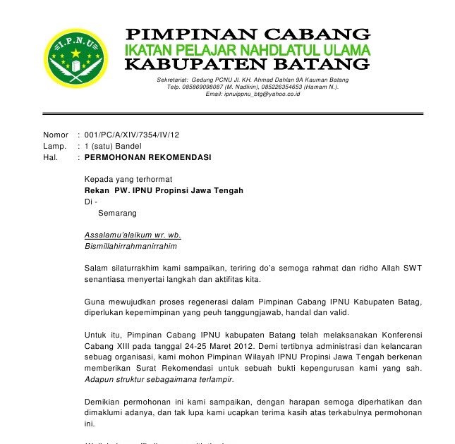 Contoh Surat Rekomendasi Nu : Surat Rekomendasi Dari Mwc ...