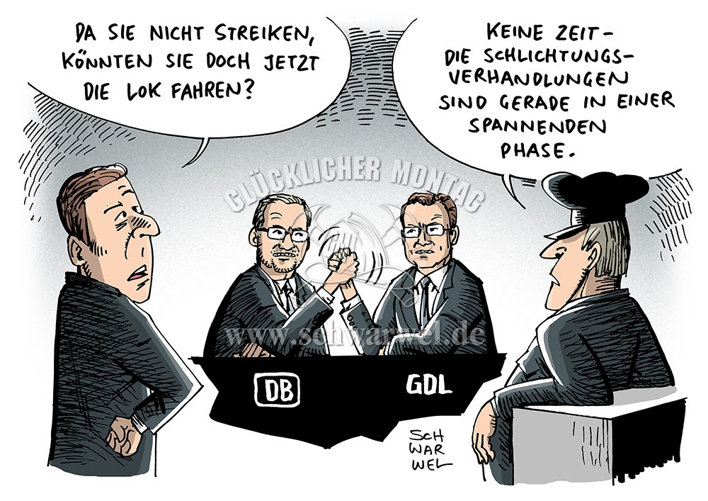 Vom bezahlten urlaub gehen die tage, die nicht gearbeitet wird, ab. Streik Gewerkschaft Schwarwel Karikatur