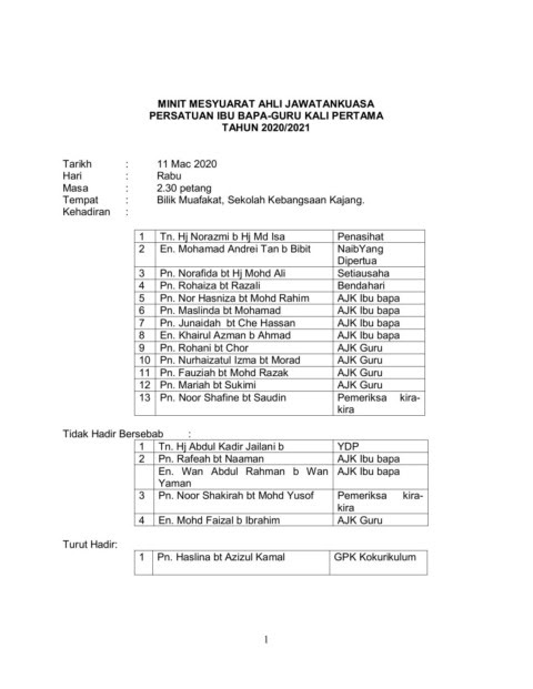 Aturcara mesyuarat agung pkktsmd 2017 masa agenda 07:20 pm mula pendaftaran | solat maghrib 07:45 pm ceramah khas saham akhirat 24 pengesahan minit mesyuarat agung 2016 minit persatuan khairat kematian taman samudra mitra dan delfina. Minit Mesyuarat Ajk Pibg Bil 1 2020 Flip Ebook Pages 1 5 Anyflip Anyflip