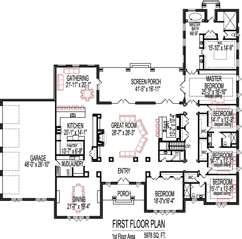 Lake house plans typically provide: 5 Bedroom House Plans Open Floor Plan Design 6000 Sq Ft House 1 Story