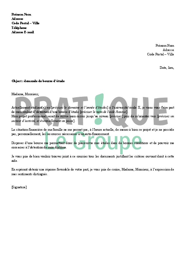 Application Letter Sample Modele De Lettre De Demande Bourse