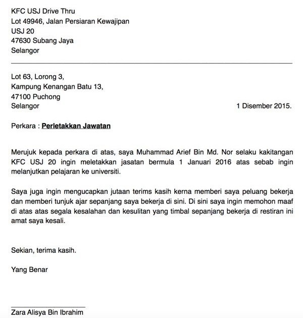 Surat Rasmi Letak Jawatan 24 Jam - Indeday l